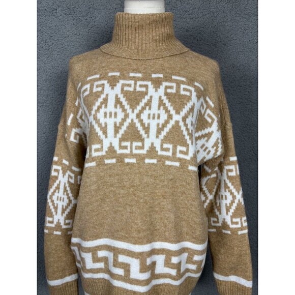 CeCe Women's Fair Isle Long Sleeve Turtleneck Sweater Tan Size Extra Small NWOT - Picture 2 of 8